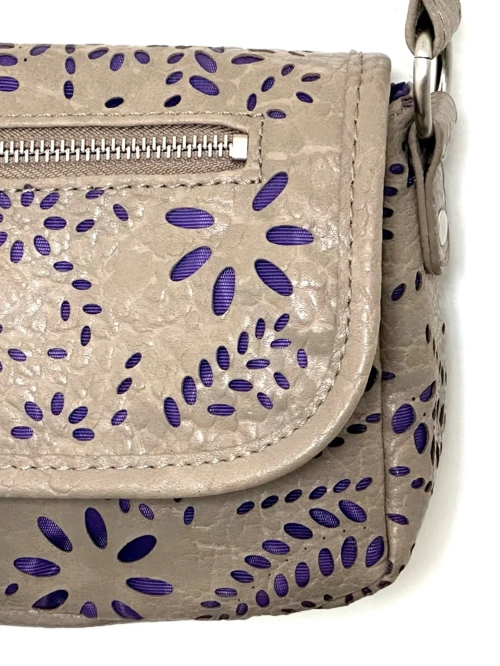 Kensie Girl Taupe Laser-Cut Mini Crossbody Bag with Purple Accent